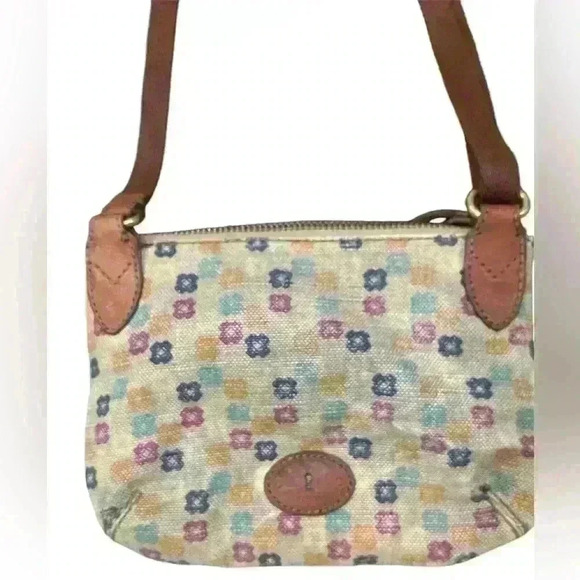 Fossil Crossbody Bag Fabric Canvas Multicolor Floral Leather Trim - Picture 1 of 9